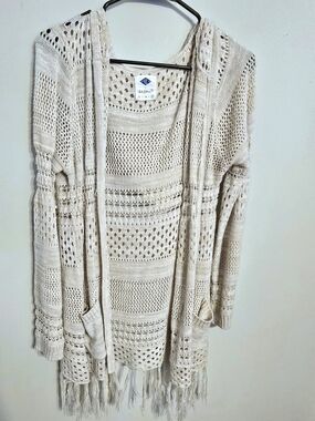 Saltwater Luxe Cream Open-Knit Fringe Hooded Cardigan